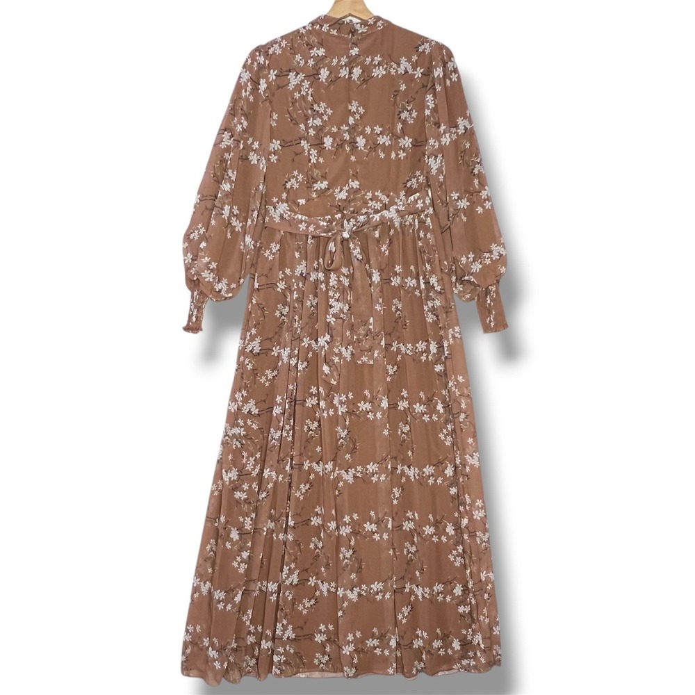 Brown Floral Chiffon Mock Neck Maxi Dress Women's S Long Sleeve Boho Cottage New - Picture 2 of 9